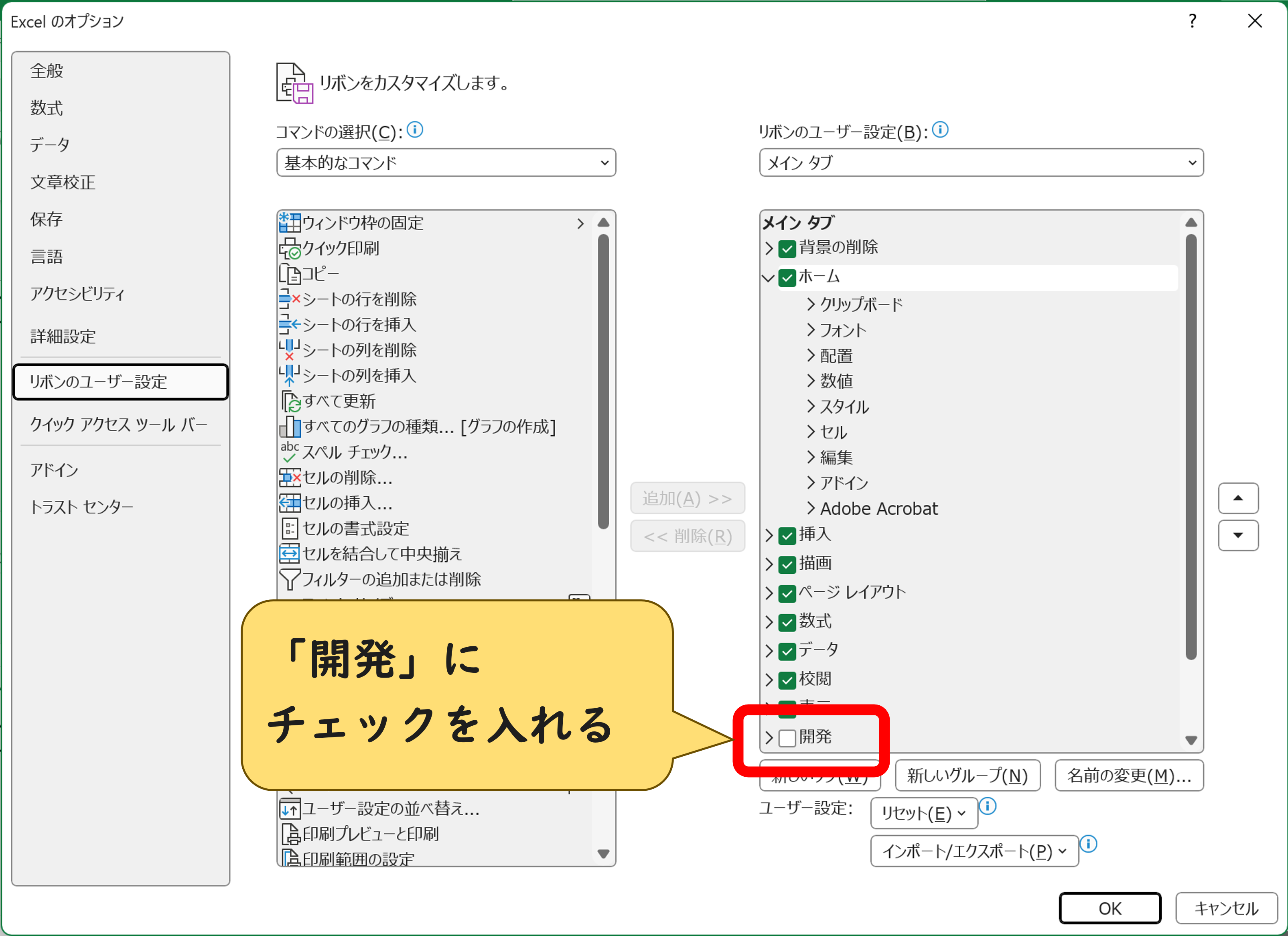Excel2010以降のExcelのオプションウィンドウの「開発」にチェックを入れる画像
